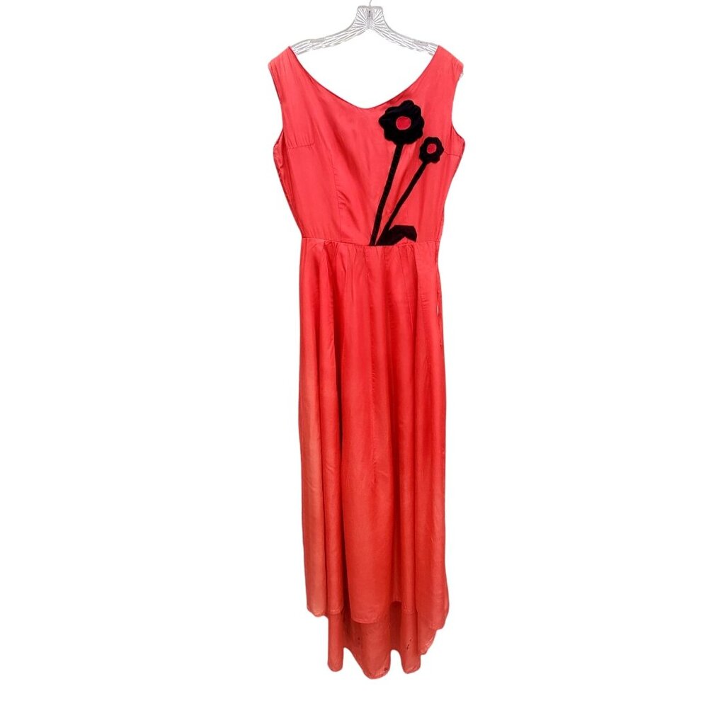 Vintage 30s Style Red Orange Acetate Maxi Size S Black Appliqué Gown Prom Dress - Picture 13 of 14